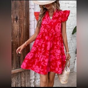 Pink Floral Ruffle Sleeve V-Neck Midi Dress Size Small